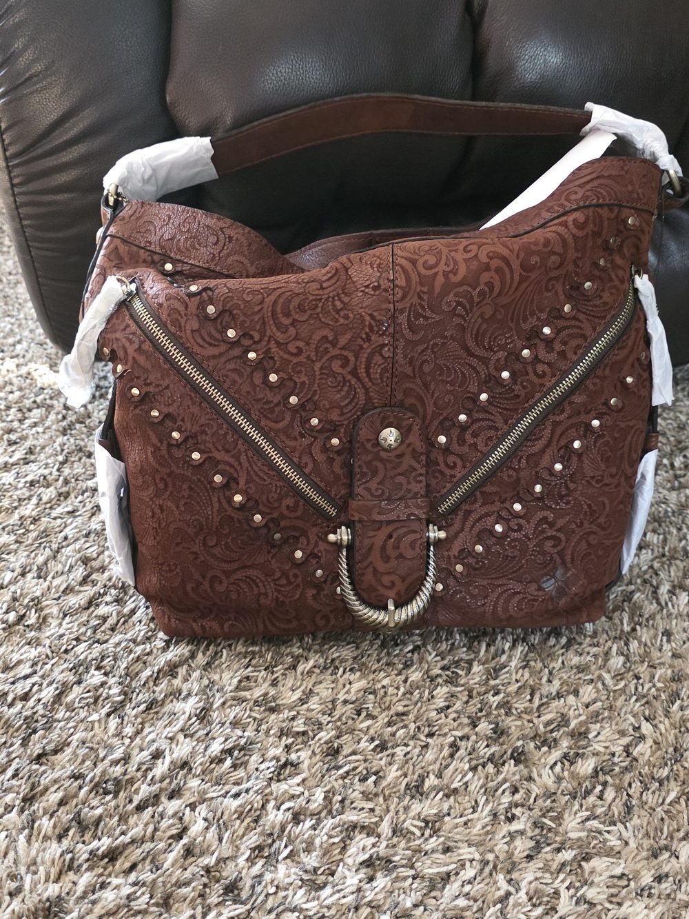 Patricia Nash Lancaster Bucket Tote Brown  Leather-Textured